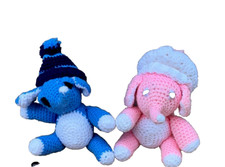 Vintage Handmade Crocheted Gender Reveal Party Elephants Plush Stuffed Animals