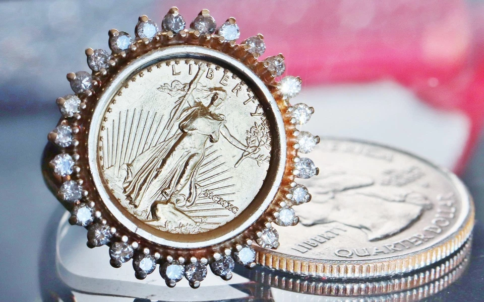 1/10 American eagle $5 gold coin 1.00ct diamond 14k yellow gold sz 7 ring 8.25gr - Image 4 of 4