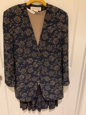 Jones New York 3 Piece Silk Suit Skirt Jacket Top Navy Tan Size 10