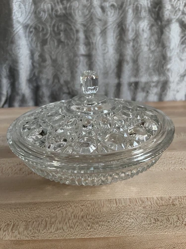 Vintage Windsor Button and Cane Pattern Indiana Clear Glass Covered Candy Dish