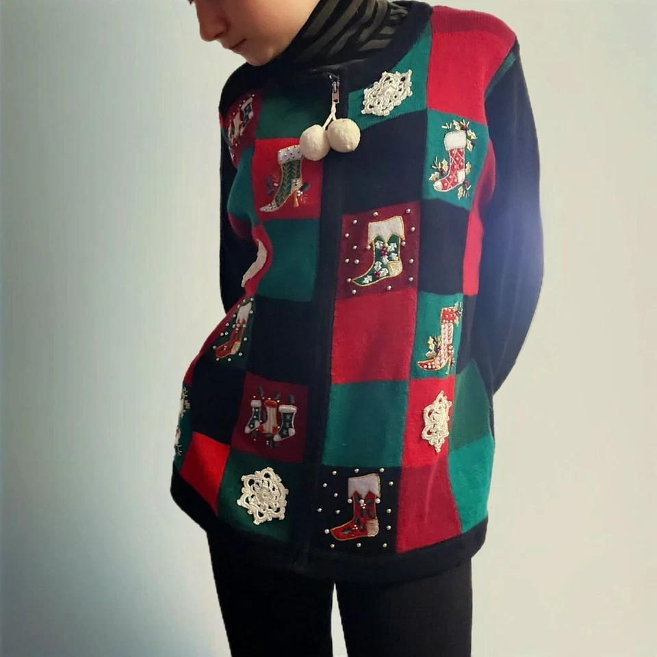 Suéter Vintage Feo Navidad De Colección Bordado Cremallera Tejido Cárdigan Talla Grande Foto 3 de 4