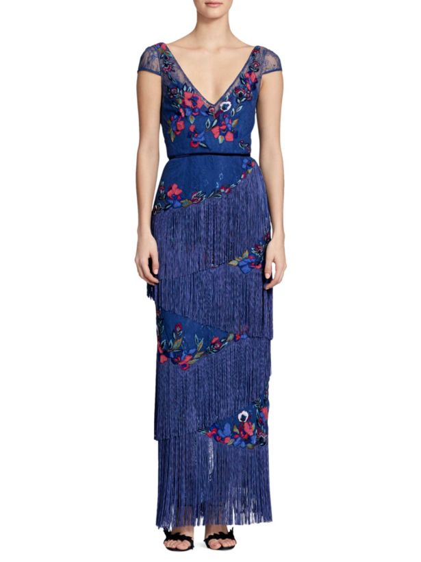 Marchesa Notte Bateau-Neck Short-Sleeve Fringe Gown w/ Sequins & Embroidery, Blue, Women's, 8