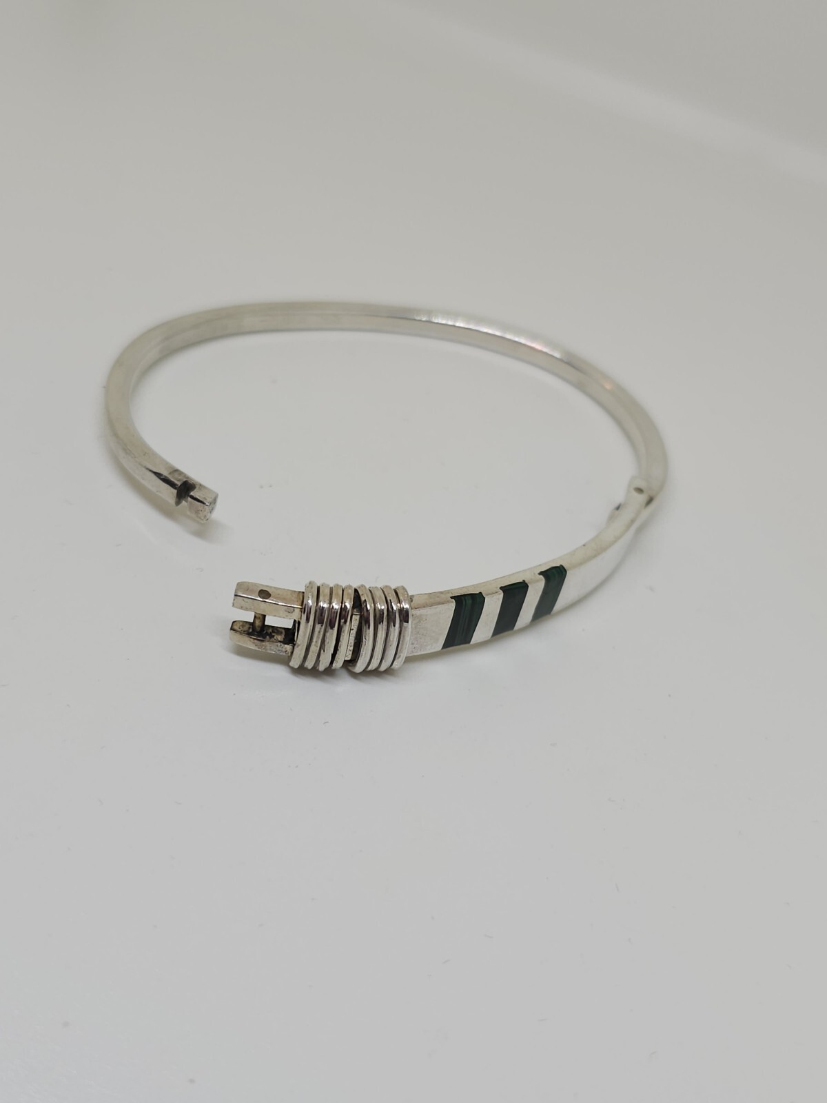 Sterling Silver Hinged Malachite Bangle Bracelet … - image 9