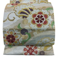 JAPANESE KIMONO BELT FUKURO OBI PURE SILK SILVER ROKUTSU-GARA FF0681