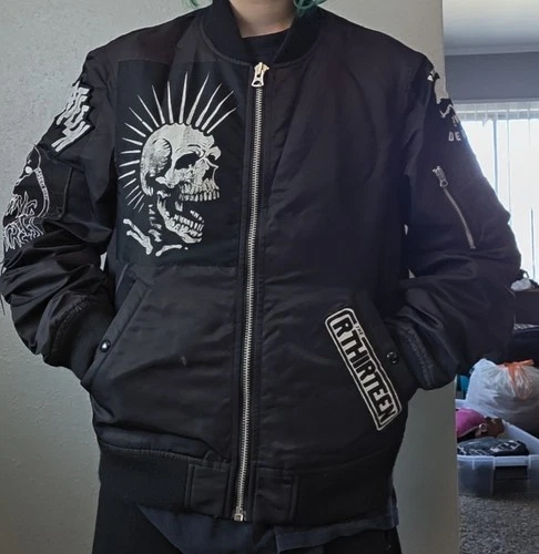 R13 MA-1 Flight Bomber Jacket Black Nylon Satin Skull Patch Zip Men’s M video thumbnail