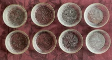 Set of VTG 1950s Jeanette Glass Co. "Harp Clear"  Coasters with Gold Rims 8