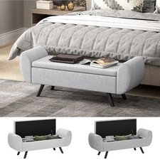 Storage Ottoman with Armrest, Upholstered Linen Storage Bench