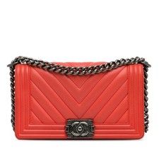 Chanel Old Medium Chevron Calfskin Boy Flap Women Red One Size