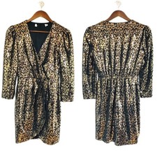 ASTR Leopard Print Sequin Mini Dress Small Gold Black Wrap Selene Mobwife Sexy