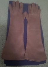 Vintage Kislav Ladies Brown Kidskin Leather Gloves Size 6-1/2 France 14"