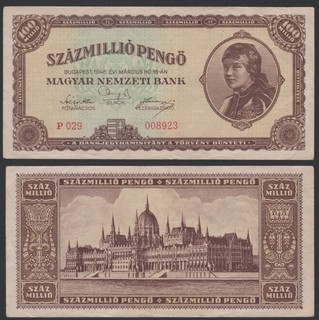Hungary 100 million pengo 1946 Woman with Headscarf P124 Block P029 aF/VF