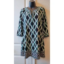 White House Black Market Green Black Mod Mini Dress Tunic 3/4 Sleeves V-Neck S