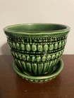 Vintage McCoy Pottery Planter + Attached Saucer Beaded Band Flower Pot USA Green