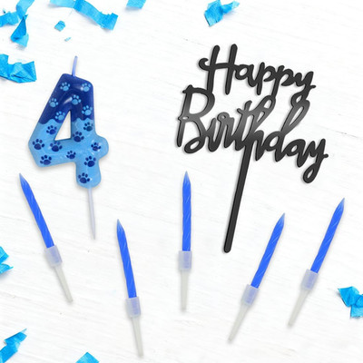 Geburtstagskerzen Zahlen 4, Blaue Hundepfotenkerze 4, Birthday Candles Set, Blau
