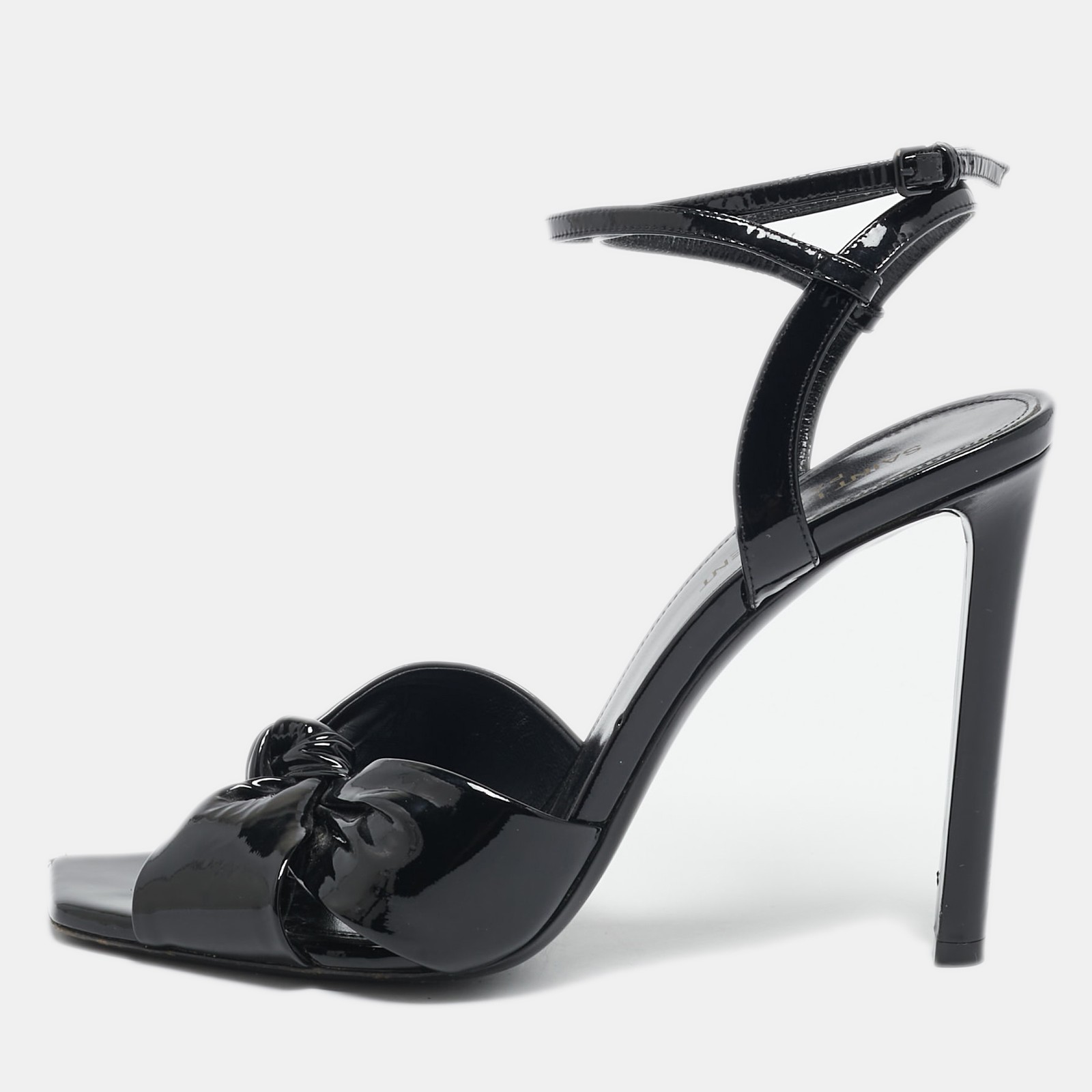 Sandali alla caviglia Saint Laurent neri in vernice con nodo Amy misura 40 5