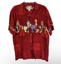 Vintage Paradise Found Mens L Red Shirt Top USA Made Cocktails Hawaiian Aloha