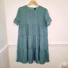 Shein Womens Dress Green Size M UK 10 Polka Dot Babydoll Smock Tiered White
