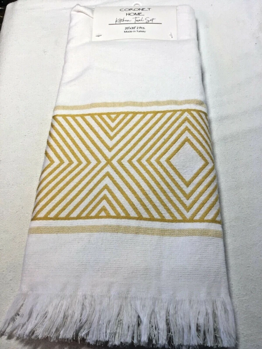 CORONET HOME KITCHEN TOWELS TURKISH COTTON WHITE GOLD STRIPE FRINGE NWT