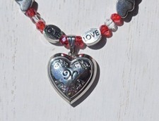 Handmade Beaded Necklace, Silver Locket "N" Red and Silver Beads. Magnetic Clasp