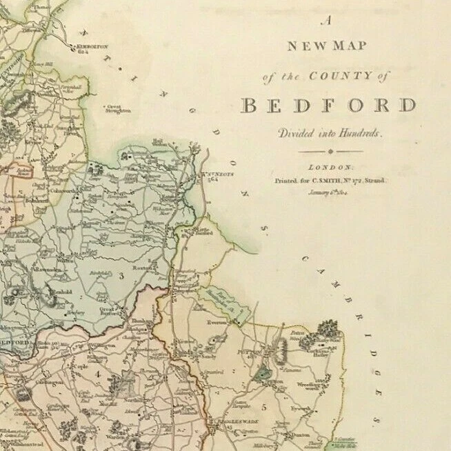 mapa Bedfordshire de Smith 1884 grabado color original emitido Foto 2 de 4