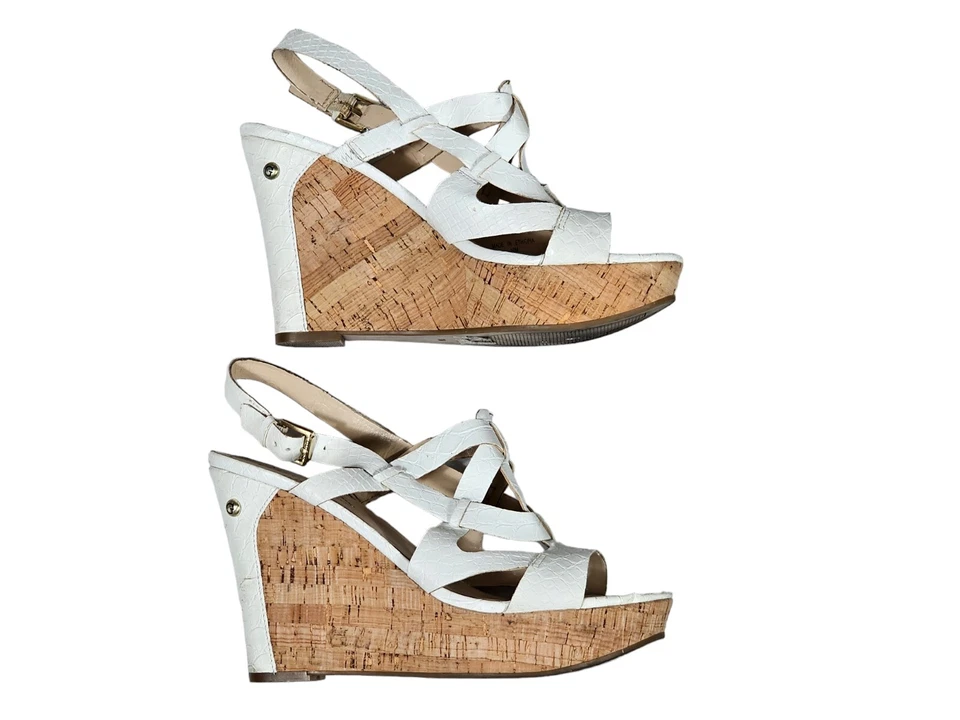 Tacones de cuña Guess Harlea piel de serpiente blanca corcho en relieve talla 10 Foto 3 de 4