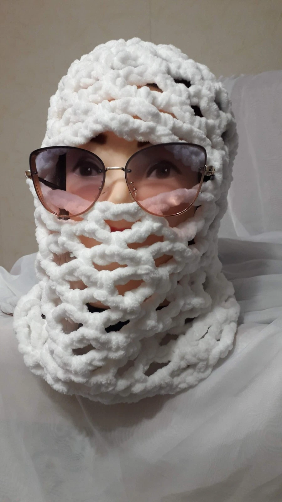 Handmade Crochet Mesh Balaclava – OOAK Artistic Knit Hood – White Open Weave Hat