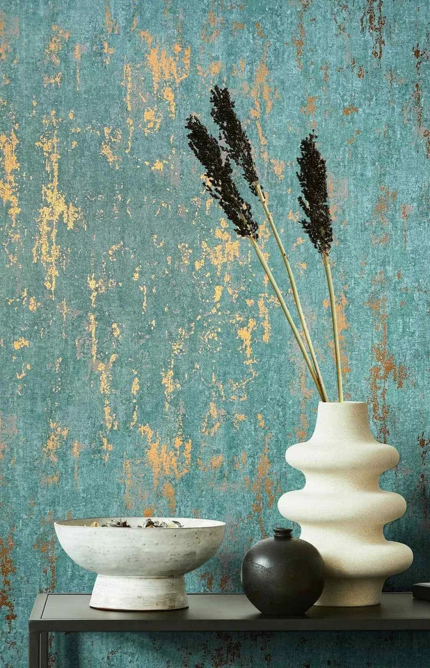 Non-woven wallpaper used look plaster effect industrial turquoise gold metallic 35164 (€5.23/1sqm - Image 4 of 4