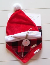 Lila & Jack 3 Pc Santa Hat Red Black Buffalo Plaid Bib and Red Bib Sz 0-6M