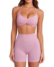 2 Piece Workout Sets Halter Neck Padded Sports Bra Seamless Scrunch Hip Lifti...