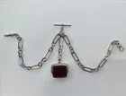 double albert trombone link silver colour pocket watch chain fob square stone