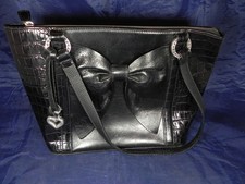 Brighton Black Croc-Embossed Leather Shoulder Bag w/Bow Heart Charm, Dust Bag