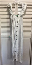 Dip White/Blue Striped Ruffle Straps Button Down Linen Maxi Sundress Size 10