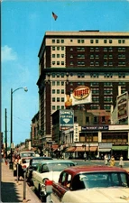 Postcard NY Hotel Utica Busy Corner Classic Cars Street View Loans 1957 V125