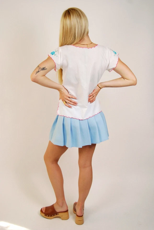 Blusa Bordada Años 70 (L) Grande Blanco Rosa Azul Vintage Manga Corta Campesina Foto 3 de 4