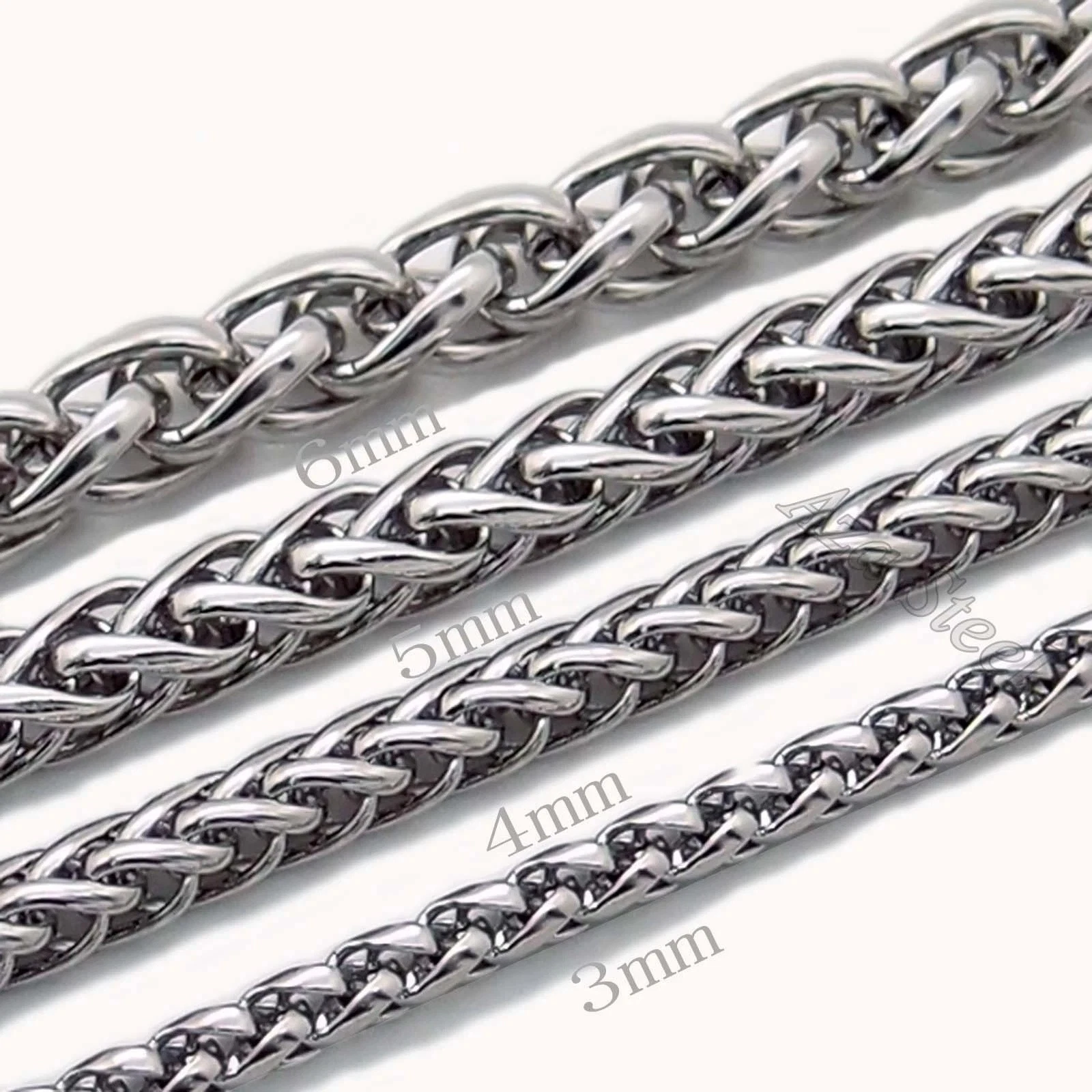 3/4/5/6MM 18-36" MENS Silver Stainless Steel Wheat Braided Chain Necklace Link - product detail image 2