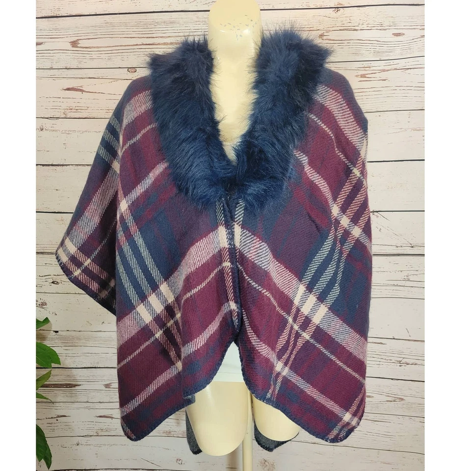 Poncho suéter envolvente manta cuello imitación piel a cuadros Marcus Adler talla única Foto 3 de 4
