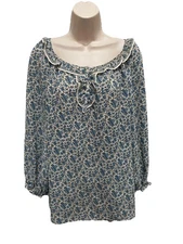 Max Studio Womens Blue Floral Ruffle Scoop Neck Long Sleeve Peasant Blouse Sz 2X