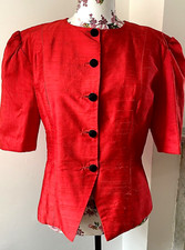 Vintage bright tomato red raw silk fitted Jacket Half sleeve UK 12 14