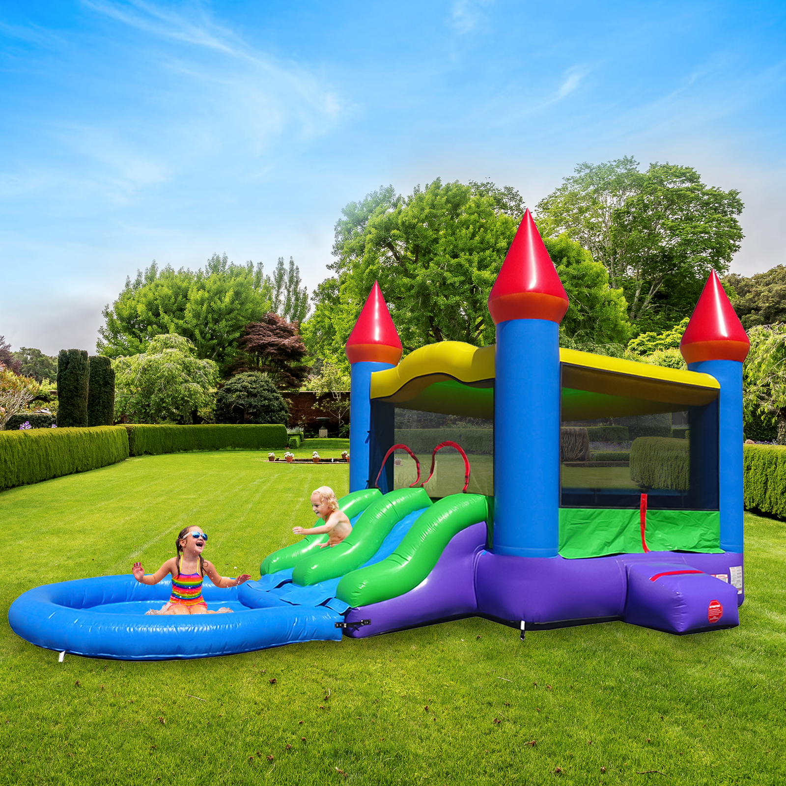 Commercial Inflatable Bounce House Blue Dual Lane Water Slide Combo