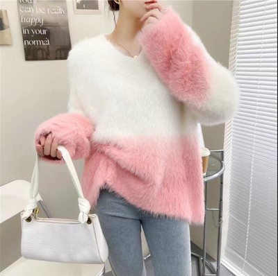 Womens Fashion V Neck Gradient Faux Mink Fur Knitted Pullover Sweater Jumper 