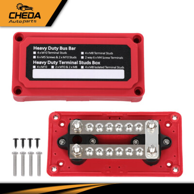 Red 12 Terminal Ground Power Distribution Junction Block Heavy Duty Bus Bar Kit