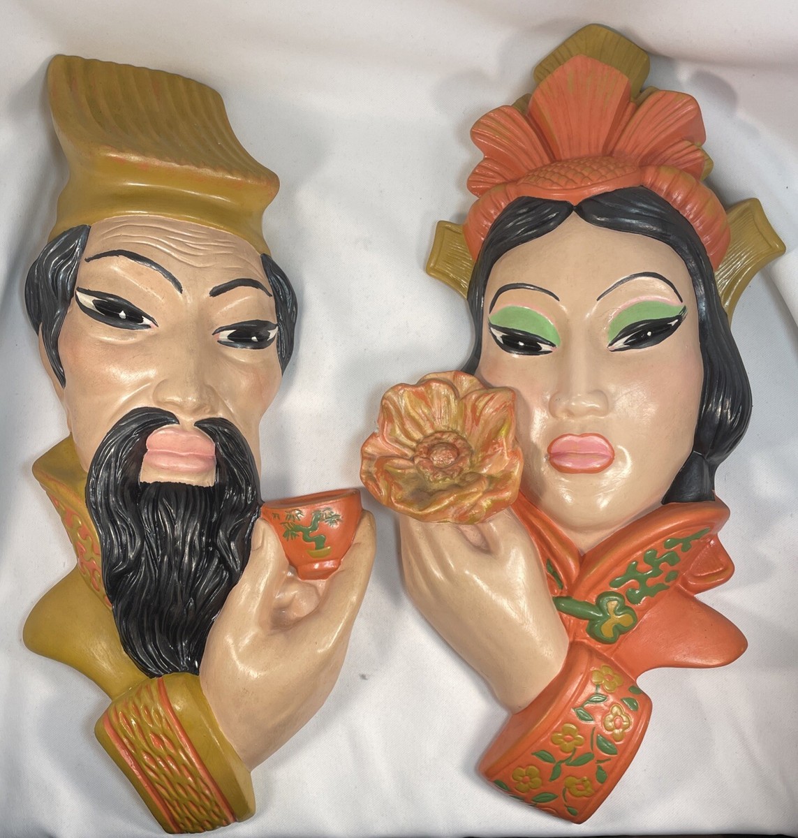 Mid century Modern Asian Wall Plaques Man & Woman Chalkware Decor