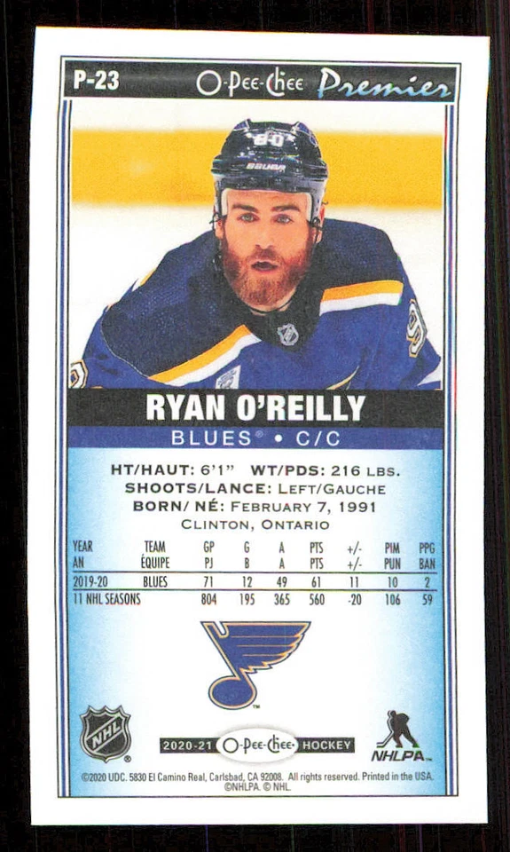 2020-21 O-Pee-Chee OPC Premier Tallboys #P23 Ryan O'Reilly - Image 2 of 2