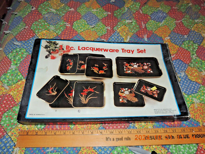 3 PIECE LACQUERWARE TRAY SET , NEW IN BOX FROM 1970'S? MADE IN TAIWAN