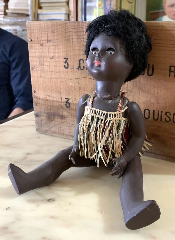 VINTAGE BAMBOLA doll AFRICANA BAMBINA FURGA ITALY 1940s 29 CM CELLULOIDE - Immagine 3 di 4