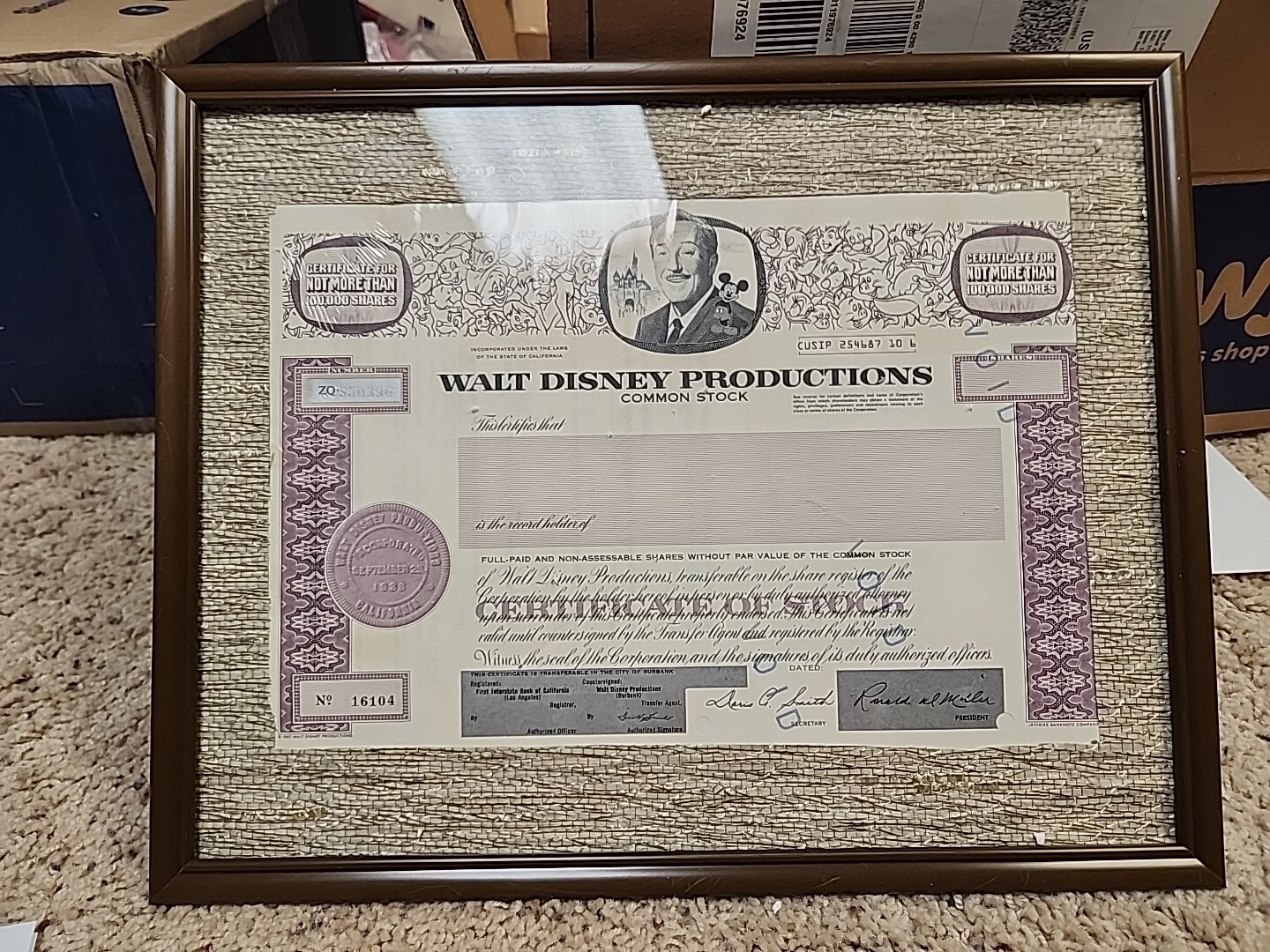 FRAMED WALT DISNEY PRODUCTIONS COMMON STOCK CERTIFICATE 1960's UNISSUED