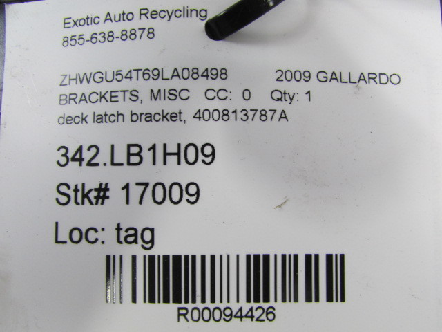 Lamborghini Gallardo, Deck Latch Bracket, Used, P/N 400813787A