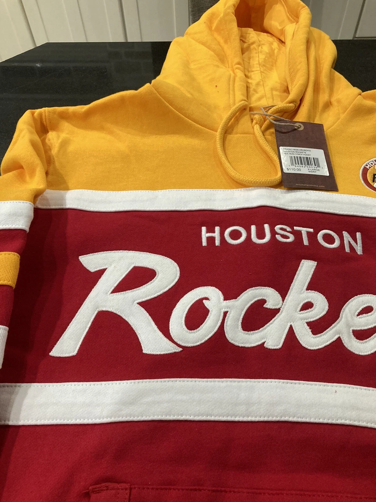 Felpa con cappuccio da uomo Mitchell & Ness Houston Rockets Head Coach ROSSA GIALLA XL nuova con etichette $110
