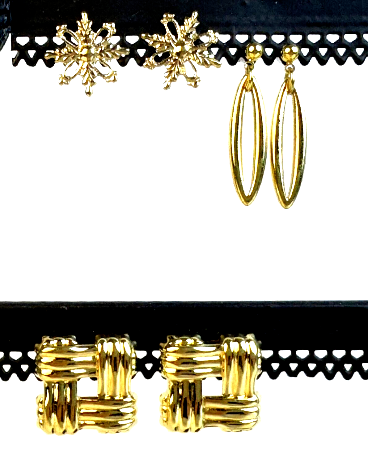 3 Golden Earrings Set—2 Modernist Designs & 1 Snowflake Pair