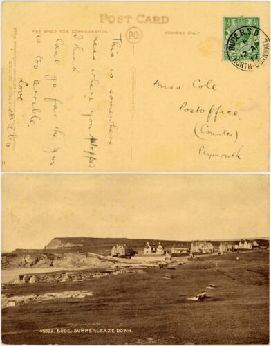 1917 PPC BUDE R.S.O POSTMARK SUMMERLEAZE DOWN to MISS COLE POST OFFICE PLYMOUTH - Picture 1 of 3